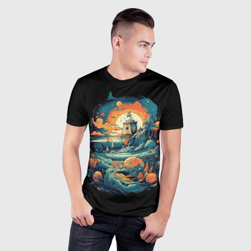 Мужская футболка 3D Slim с принтом Корабль и фантастические волны, фото на моделе #1