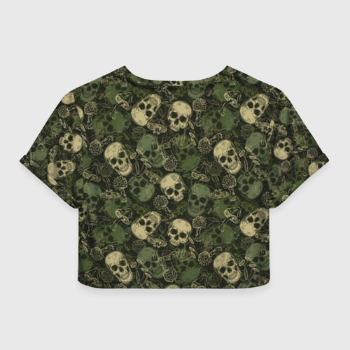 Женская футболка Crop-top 3D Камуфляж с черепами и грибами, цвет 3D печать - фото 2