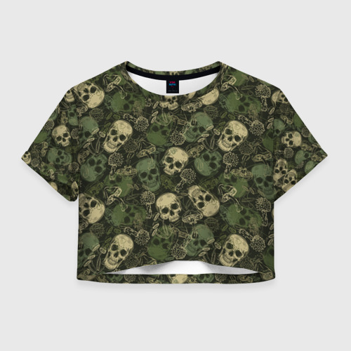 Женская футболка Crop-top 3D Камуфляж с черепами и грибами, цвет 3D печать