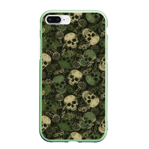 Чехол для iPhone 7Plus/8 Plus матовый Камуфляж с черепами и грибами, цвет салатовый
