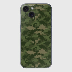 Чехол для iPhone 15 силиконовый с защитой камеры Камуфляж из динозавров