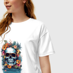 Женская футболка хлопок Oversize Череп и летние цветы - фото 2
