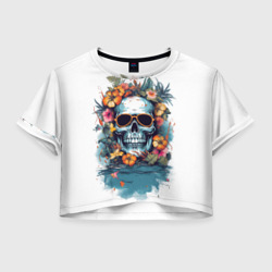 Женская футболка Crop-top 3D Череп цветы и лето