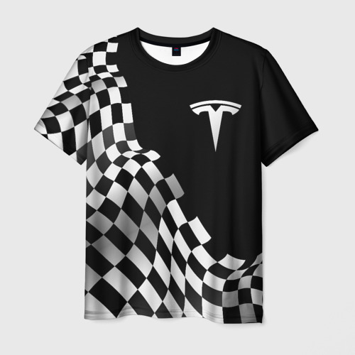 Мужская футболка с принтом Tesla racing flag, вид спереди №1