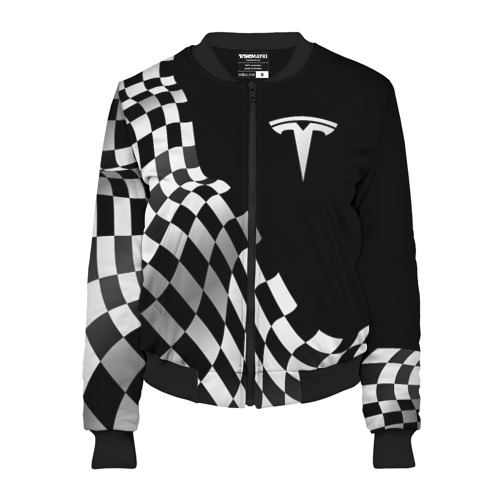 Женский бомбер 3D Tesla racing flag, цвет черный