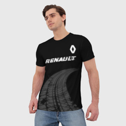 Мужская футболка 3D Renault Speed на темном фоне со следами шин: символ сверху - фото 2