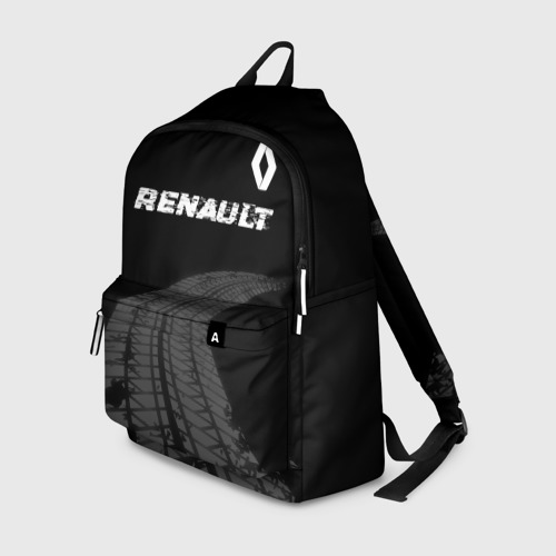 Рюкзак с принтом Renault Speed на темном фоне со следами шин: символ сверху, вид спереди №1