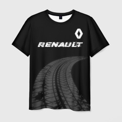 Мужская футболка 3D Renault Speed на темном фоне со следами шин: символ сверху