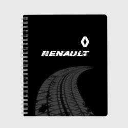 Renault Speed на темном фоне со следами шин: символ сверху – Тетрадь с принтом купить
