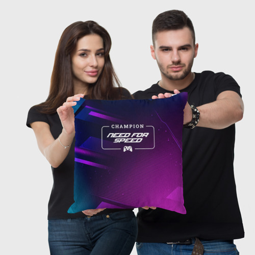 Подушка 3D Need for Speed gaming champion: рамка с лого и джойстиком на неоновом фоне - фото 3