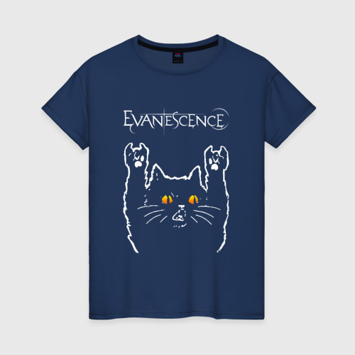 Женская футболка из хлопка с принтом Evanescence rock cat, вид спереди №1