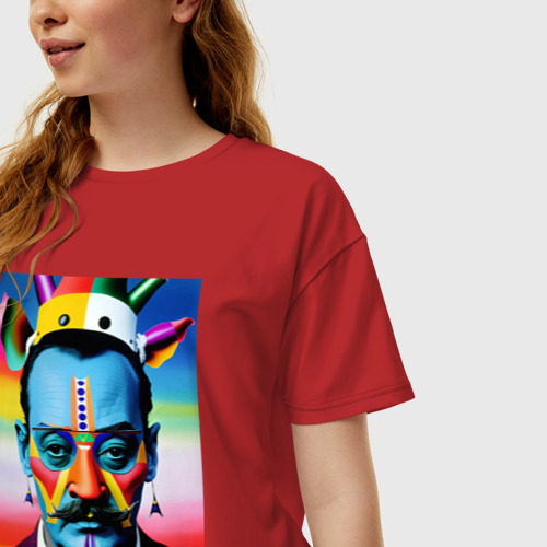 Женская футболка хлопок Oversize Salvador Dali - pop art - neural network, цвет красный - фото 3