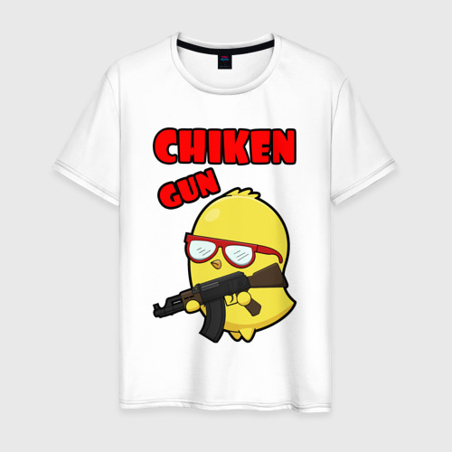 Мужская футболка из хлопка с принтом Chicken machine gun, вид спереди №1