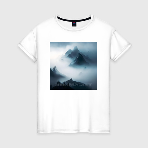 Женская футболка из хлопка с принтом Горы в тумане - минимализм - нейросеть, вид спереди №1