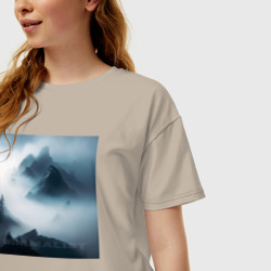 Женская футболка хлопок Oversize Горы в тумане - минимализм - нейросеть - фото 2