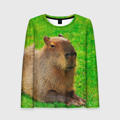 Женский лонгслив 3D с принтом Capybara on grass, вид спереди #2