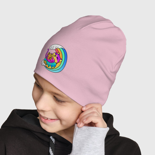 Детская шапка демисезонная Радужная волна и пушистый котик, цвет светло-розовый - фото 4