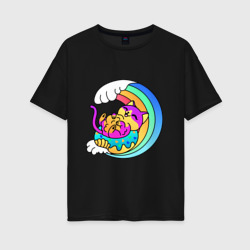 Женская футболка хлопок Oversize Радужная волна и пушистый котик