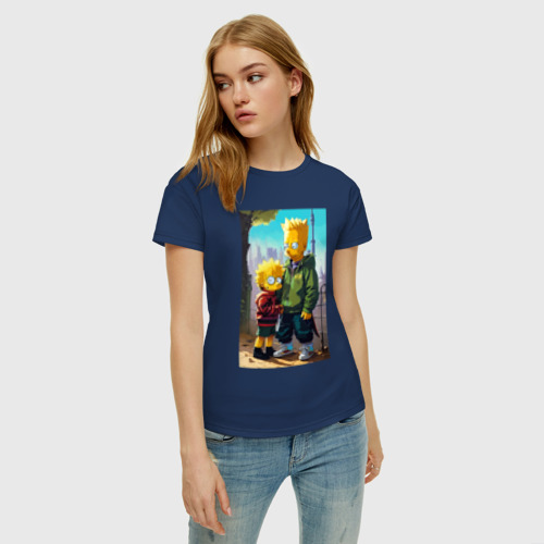Женская футболка хлопок с принтом Барт Симпсон с Мэгги в мегаполисе, фото на моделе #1