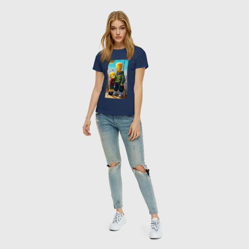 Женская футболка хлопок с принтом Барт Симпсон с Мэгги в мегаполисе, вид сбоку #3