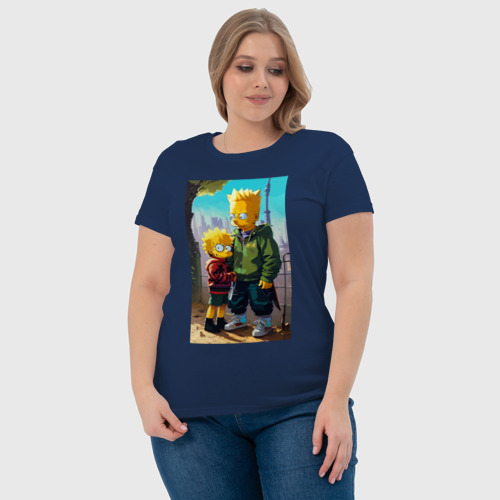 Женская футболка хлопок с принтом Барт Симпсон с Мэгги в мегаполисе, фото #4