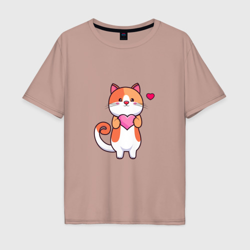 Мужская футболка хлопок Oversize с принтом Милый кот с сердцем, вид спереди #2