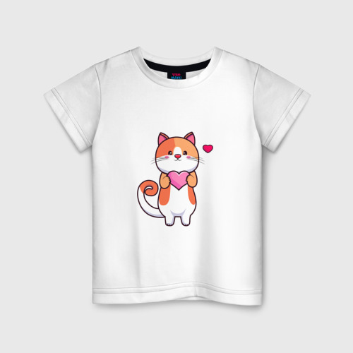 Детская футболка хлопок с принтом Милый кот с сердцем, вид спереди #2