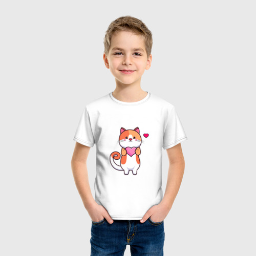 Детская футболка хлопок с принтом Милый кот с сердцем, фото на моделе #1