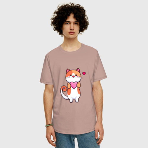 Мужская футболка хлопок Oversize с принтом Милый кот с сердцем, фото на моделе #1