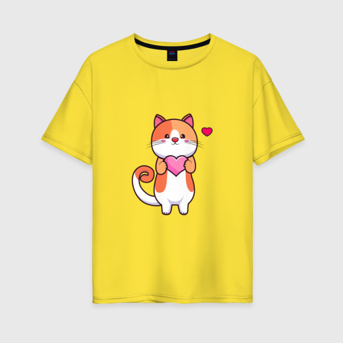 Женская футболка хлопок Oversize с принтом Милый кот с сердцем, вид спереди #2