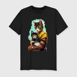 Мужская футболка хлопок Slim Кот с котёнком - нейросеть
