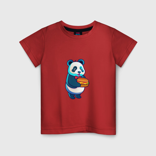 Детская футболка хлопок с принтом Милая панда с чизбургером, вид спереди #2