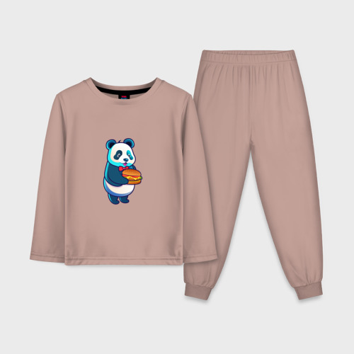 Детская пижама с лонгсливом хлопок с принтом Милая панда с чизбургером, вид спереди #2