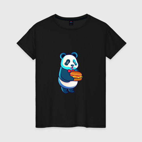 Женская футболка хлопок с принтом Милая панда с чизбургером, вид спереди #2