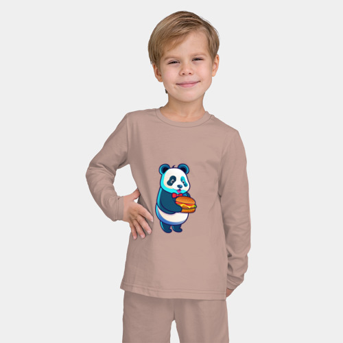 Детская пижама с лонгсливом хлопок с принтом Милая панда с чизбургером, фото на моделе #1