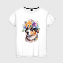 Лабрадор с акварельными цветами – Женская футболка хлопок с принтом купить со скидкой в -20%