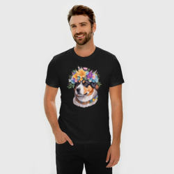 Мужская футболка хлопок Slim Лабрадор с акварельными цветами - фото 2