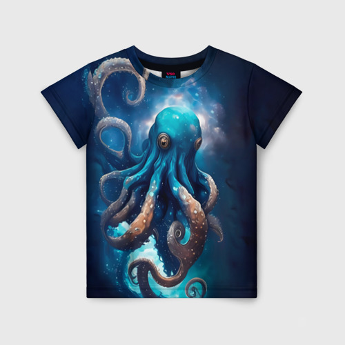 Детская футболка 3D с принтом Космический осьминог в туманности, вид спереди #2