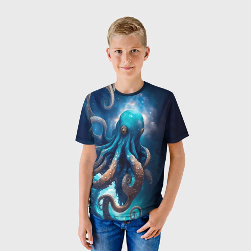 Детская футболка 3D с принтом Космический осьминог в туманности, фото на моделе #1