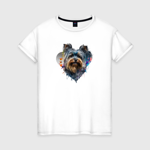 Женская футболка из хлопка с принтом Навсегда в сердце - йорки, вид спереди №1