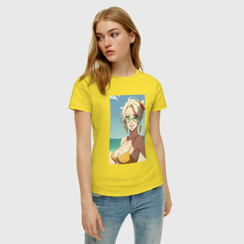 Женская футболка хлопок Блондинка на пляже, цвет желтый - фото 3