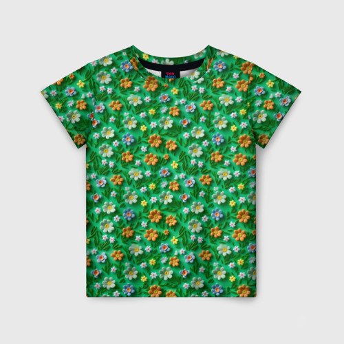 Детская футболка 3D с принтом Объемные летние цветы, вид спереди #2