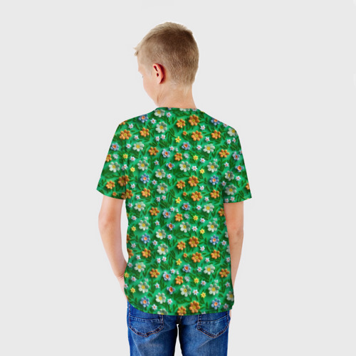 Детская футболка 3D с принтом Объемные летние цветы, вид сзади #2