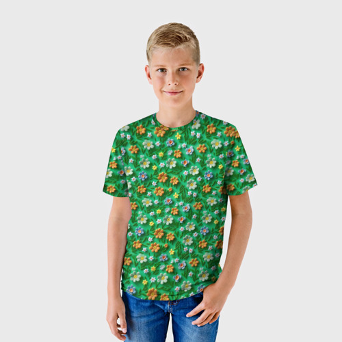 Детская футболка 3D с принтом Объемные летние цветы, фото на моделе #1