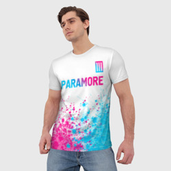 Футболка с принтом Paramore neon gradient style: символ сверху для мужчины, вид на модели спереди №2. Цвет основы: белый