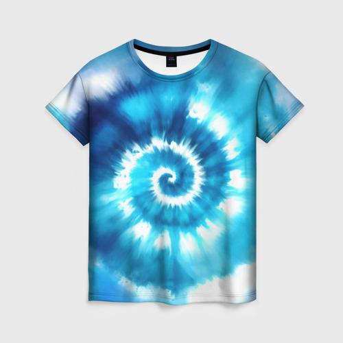 Женская футболка 3D с принтом Тай-дай: бело-голубая спираль, вид спереди #2