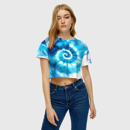 Женская футболка Crop-top 3D Тай-дай: бело-голубая спираль, цвет 3D печать - фото 3