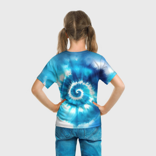 Детская футболка 3D с принтом Тай-дай: бело-голубая спираль, вид сзади #2
