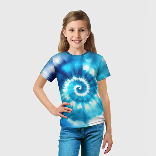Детская футболка 3D с принтом Тай-дай: бело-голубая спираль, вид сбоку #3