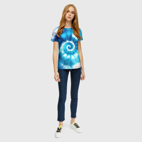 Женская футболка 3D с принтом Тай-дай: бело-голубая спираль, вид сбоку #3